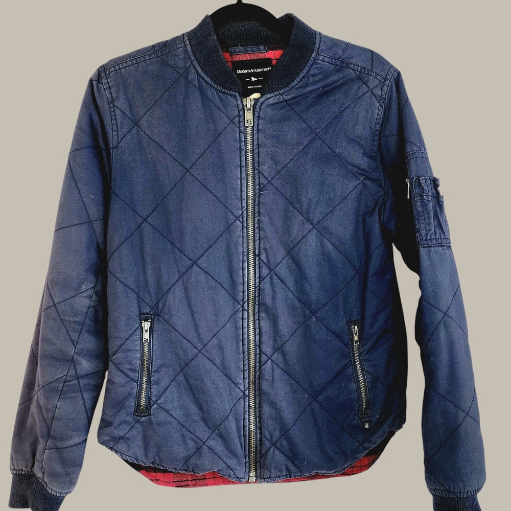 Modern Amusement- Quilted Bomber - Navy Red w Flannel Lining (S)